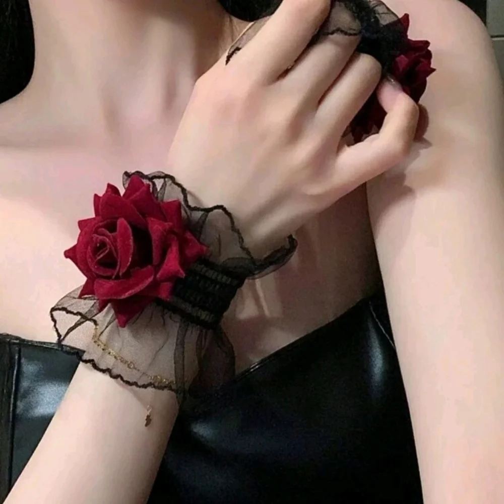 Black Skull Black Lace Wrist Corsage with Deep Red Rose